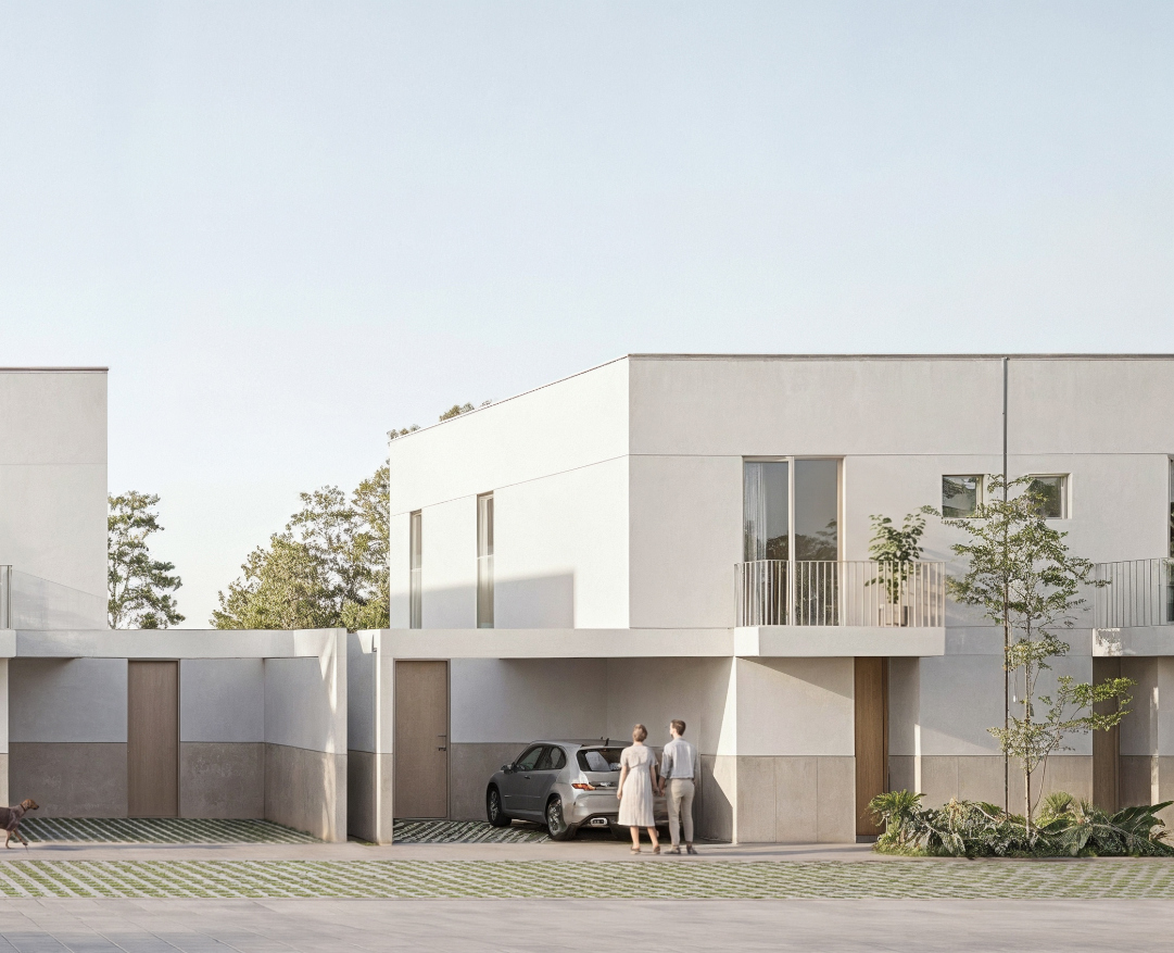 Render de la fachada y acceso controlado de Las Encinas, casas en San Mateo Atenco, Edo. Méx.